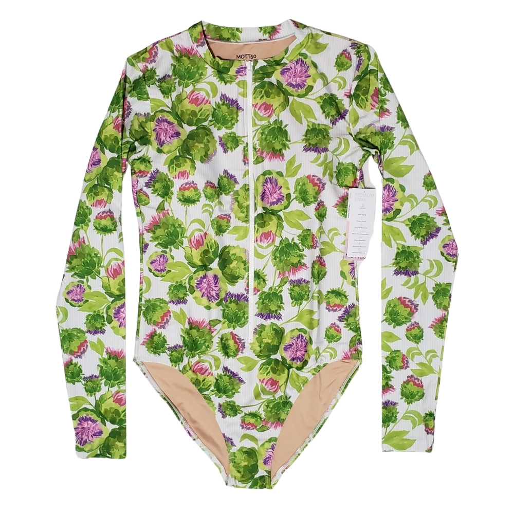 Mott 50 Mila One-Piece Swimsuit Long Sleeve Padded Small Green Violetta Print💚